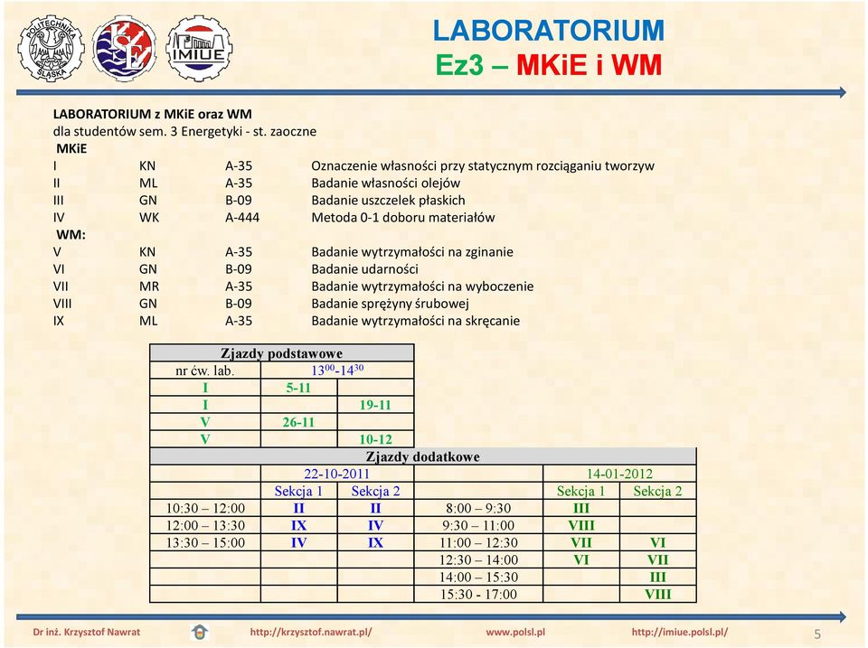 V KN A-35 Badanie wytrzymałości na zginanie VI GN B-09 Badanie udarności VII MR A-35 Badanie wytrzymałości na wyboczenie VIII GN B-09 Badanie sprężyny śrubowej IX ML A-35 Badanie wytrzymałości na