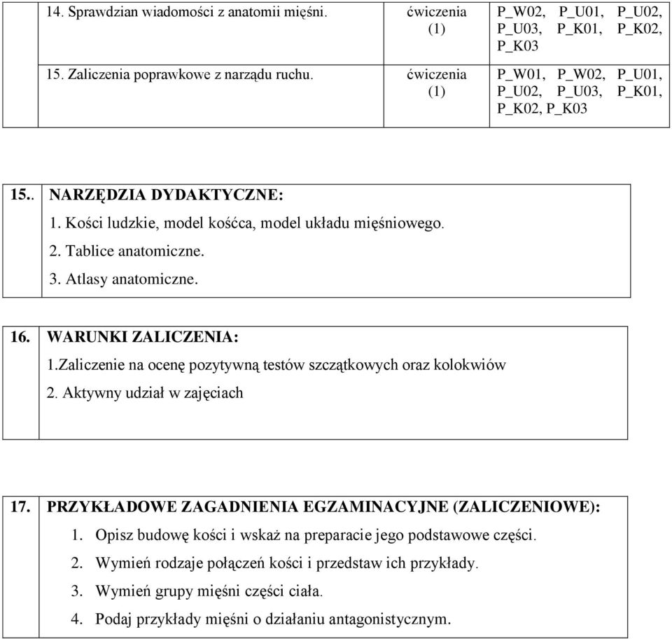 Zaliczenie na ocenę pozytywną testów szczątkowych oraz kolokwiów 2. Aktywny udział w zajęciach 17. PRZYKŁADOWE ZAGADNIENIA EGZAMINACYJNE (ZALICZENIOWE): 1.