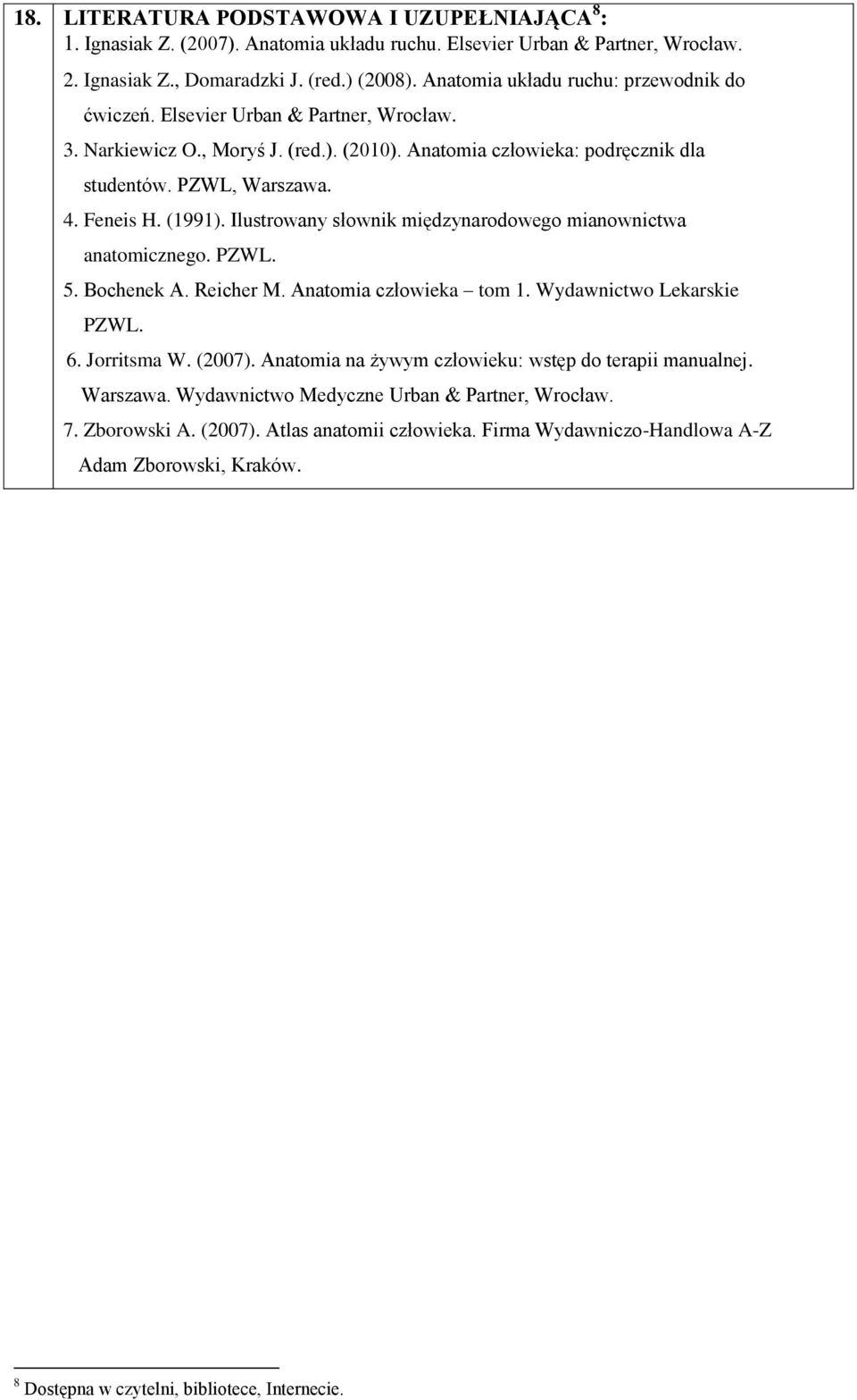 (1991). Ilustrowany słownik międzynarodowego mianownictwa anatomicznego. PZWL. 5. Bochenek A. Reicher M. Anatomia człowieka tom 1. Wydawnictwo Lekarskie PZWL. 6. Jorritsma W. (2007).