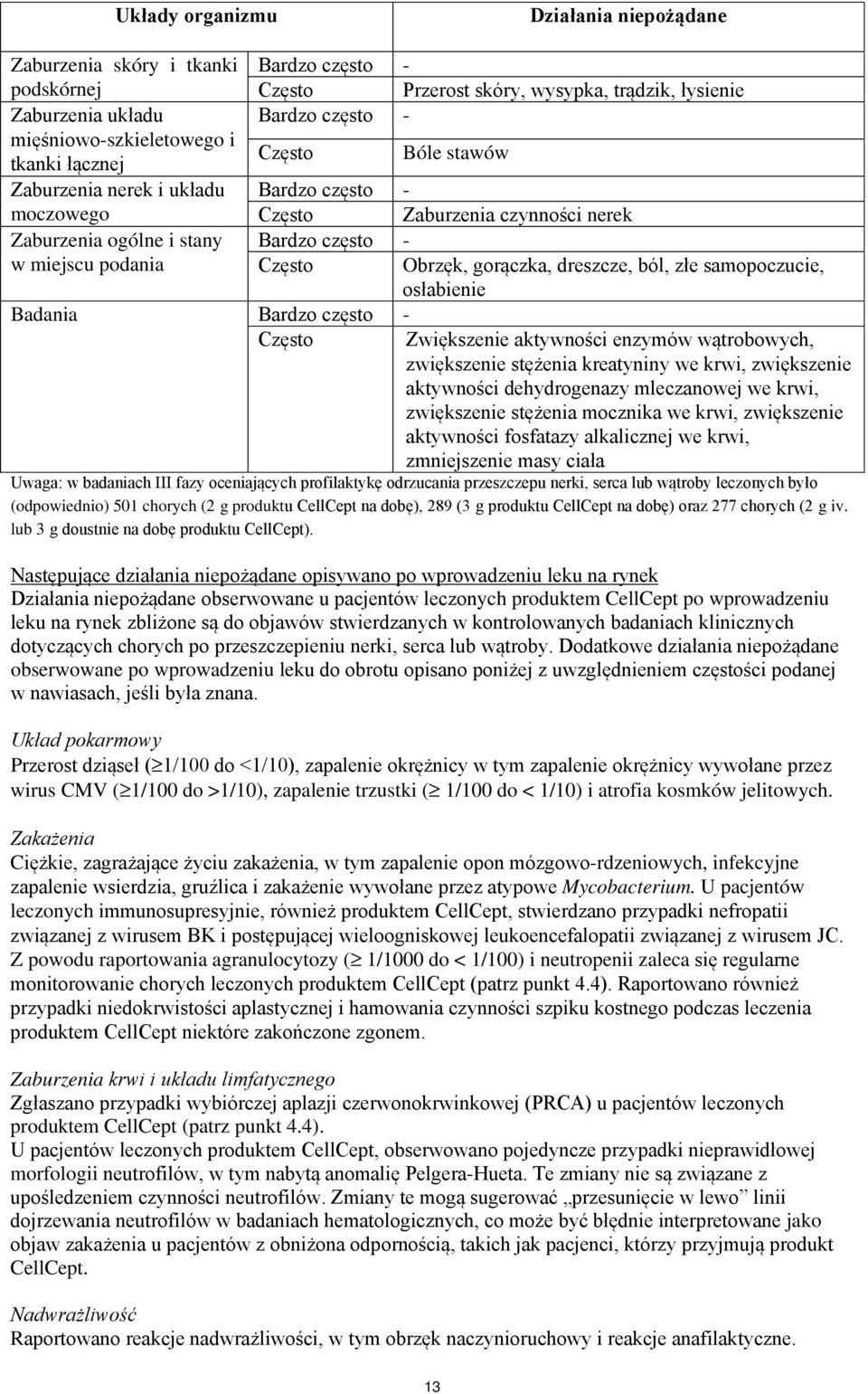 gorączka, dreszcze, ból, złe samopoczucie, osłabienie Badania Bardzo często - Często Zwiększenie aktywności enzymów wątrobowych, zwiększenie stężenia kreatyniny we krwi, zwiększenie aktywności