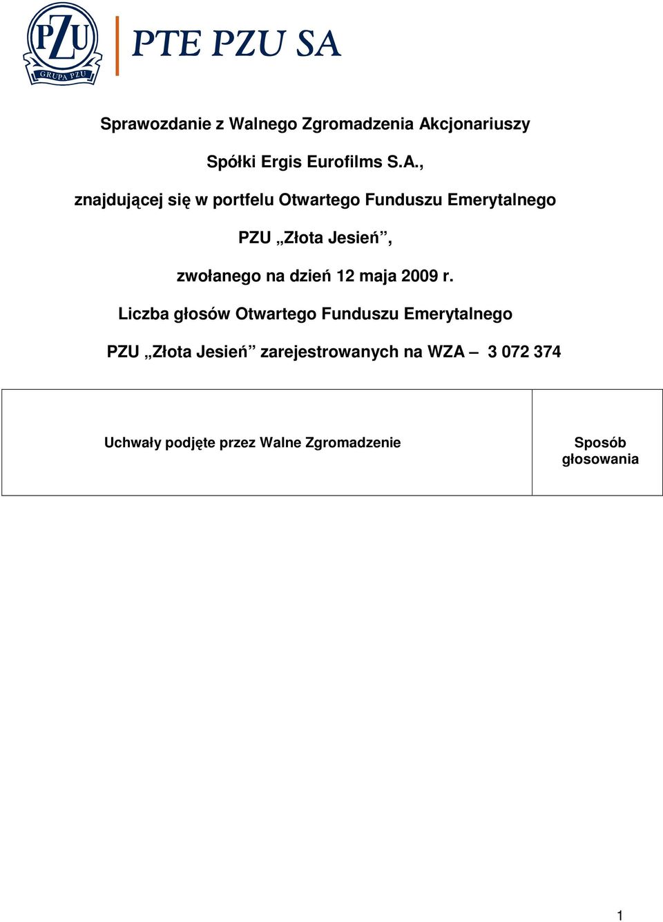 , znajdującej się w portfelu Otwartego Funduszu Emerytalnego PZU Złota Jesień,