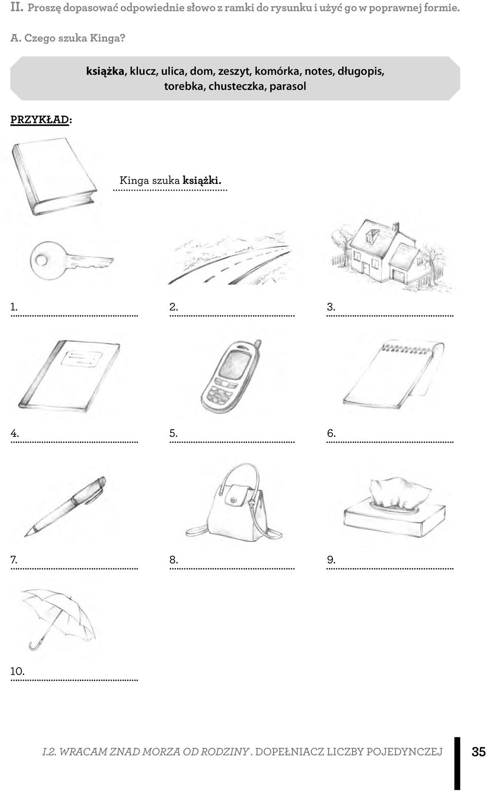 książka, klucz, ulica, dom, zeszyt, komórka, notes, długopis, torebka, chusteczka,