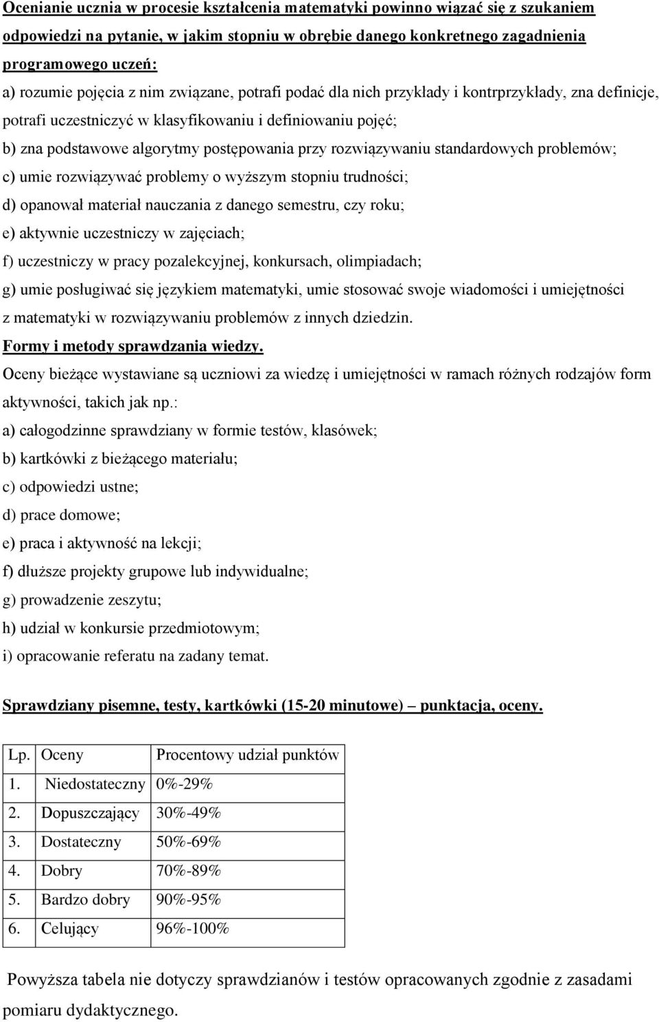 rozwiązywaniu standardowych problemów; c) umie rozwiązywać problemy o wyższym stopniu trudności; d) opanował materiał nauczania z danego semestru, czy roku; e) aktywnie uczestniczy w zajęciach; f)