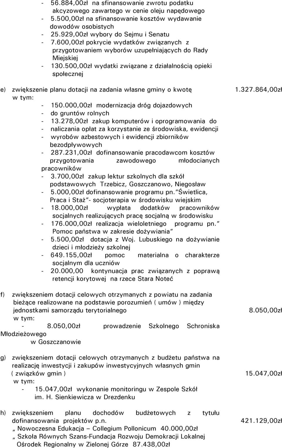 500,00zł wydatki związane z działalnością opieki społecznej e) zwiększenie planu dotacji na zadania własne gminy o kwotę 1.327.864,00zł 150.
