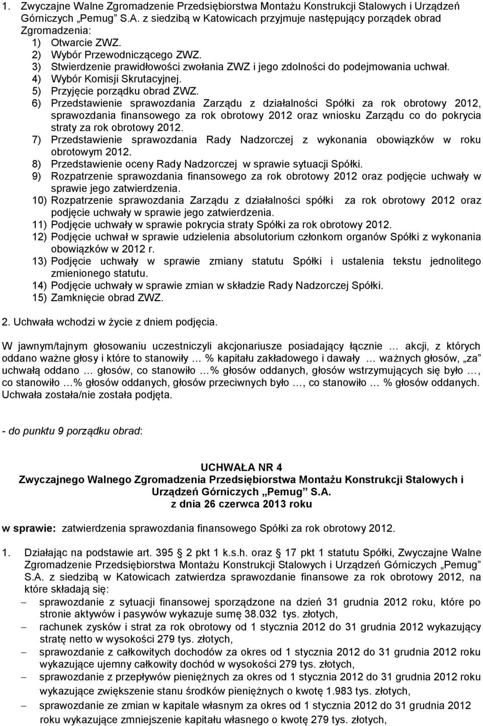 3) Stwierdzenie prawidłowości zwołania ZWZ i jego zdolności do podejmowania uchwał. 4) Wybór Komisji Skrutacyjnej. 5) Przyjęcie porządku obrad ZWZ.