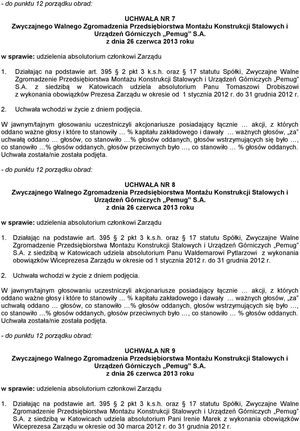 oraz 17 statutu Spółki, Zwyczajne Walne S.A. z siedzibą w Katowicach udziela absolutorium Panu Waldemarowi Pytlarzowi z wykonania obowiązków Wiceprezesa Zarządu w okresie od 1 stycznia 2012 r.