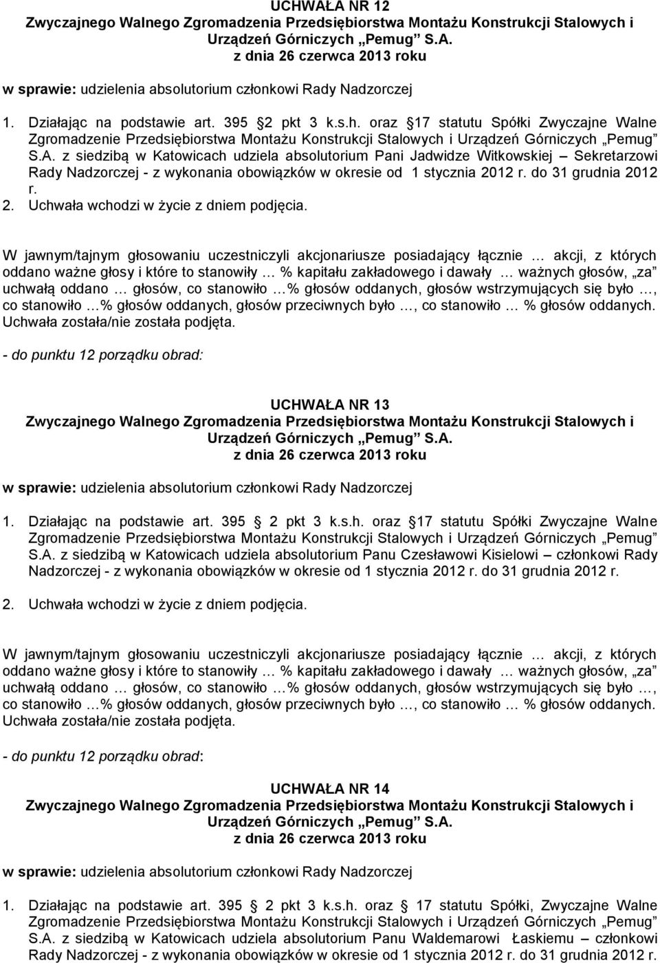 oraz 17 statutu Spółki Zwyczajne Walne S.A. z siedzibą w Katowicach udziela absolutorium Panu Czesławowi Kisielowi członkowi Rady Nadzorczej - z wykonania obowiązków w okresie od 1 stycznia 2012 r.