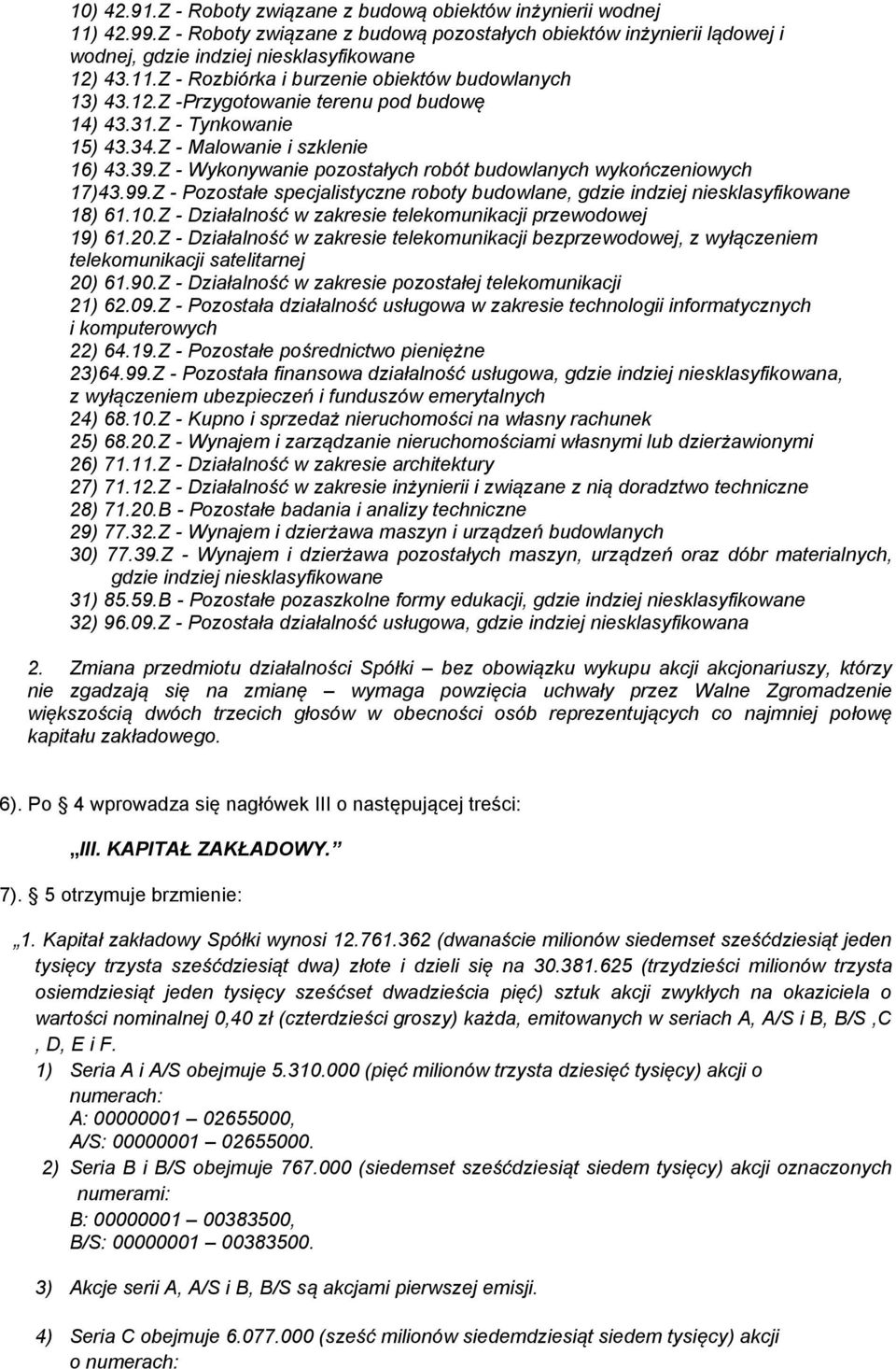 Z - Pozostałe specjalistyczne roboty budowlane, gdzie indziej niesklasyfikowane 18) 61.10.Z - Działalność w zakresie telekomunikacji przewodowej 19) 61.20.