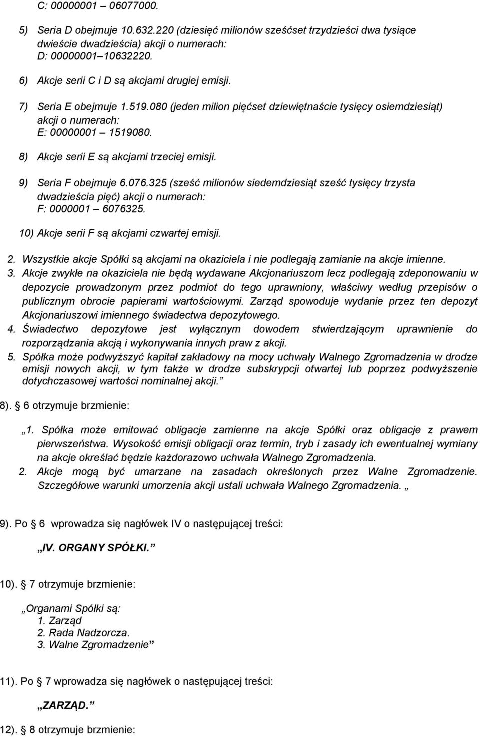 8) Akcje serii E są akcjami trzeciej emisji. 9) Seria F obejmuje 6.076.325 (sześć milionów siedemdziesiąt sześć tysięcy trzysta dwadzieścia pięć) akcji o numerach: F: 0000001 6076325.