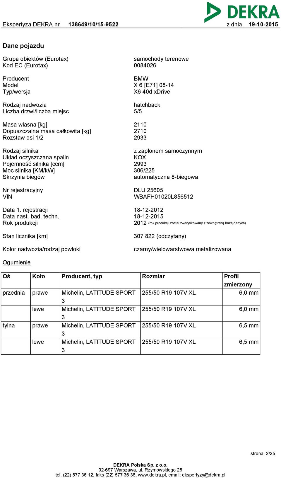 samoczynnym KOX 2993 306/225 automatyczna 8-biegowa Nr rejestracyjny VIN DLU 25605 WBAFH01020L856512 Data 1. rejestracji Data nast. bad. techn.
