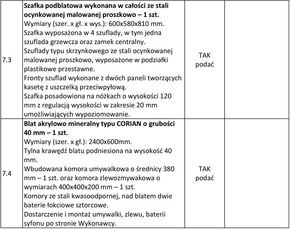 Fronty szuflad wykonane z dwóch paneli tworzących Szafka posadowiona na nóżkach o wysokości 120 mm z regulacją wysokości w zakresie 20 mm umożliwiających wypoziomowanie.