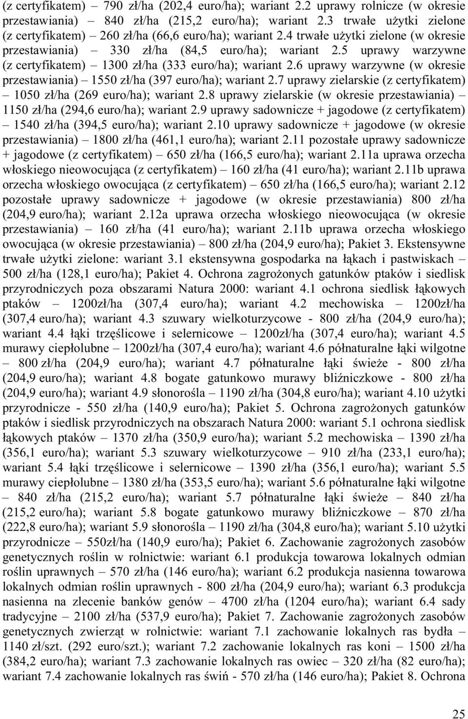 5 uprawy warzywne (z certyfikatem) 1300 z /ha (333 euro/ha); wariant 2.6 uprawy warzywne (w okresie przestawiania) 1550 z /ha (397 euro/ha); wariant 2.