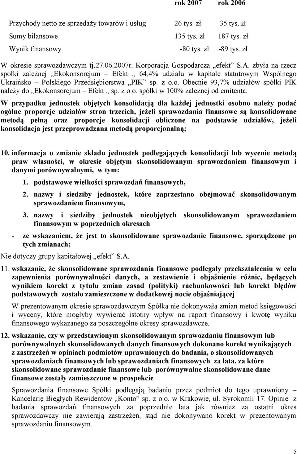 z o.o. spółki w 100% zależnej od emitenta, W przypadku jednostek objętych konsolidacją dla każdej jednostki osobno należy podać ogólne proporcje udziałów stron trzecich, jeżeli sprawozdania finansowe