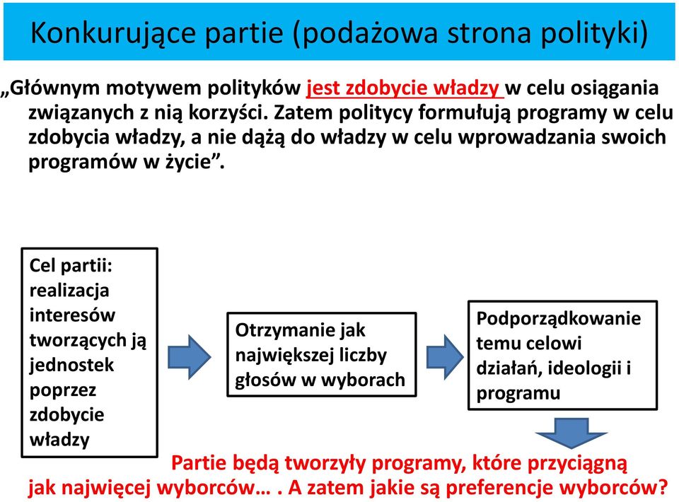 Cel partii: realizacja interesów tworzących ją jednostek poprzez zdobycie władzy Otrzymanie jak największej liczby głosów w wyborach