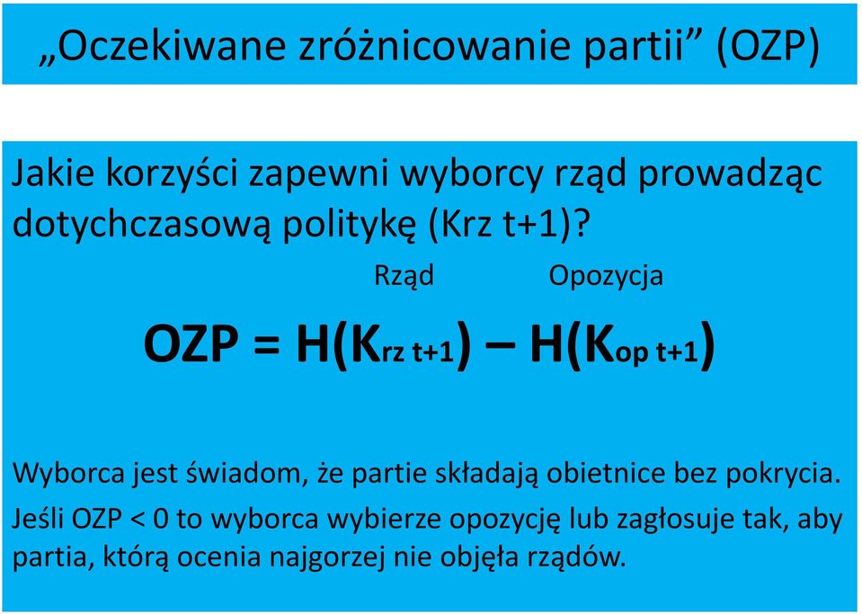 Rząd Opozycja OZP = H(Krz t+1) H(Kop t+1) Wyborca jest świadom, że partie składają
