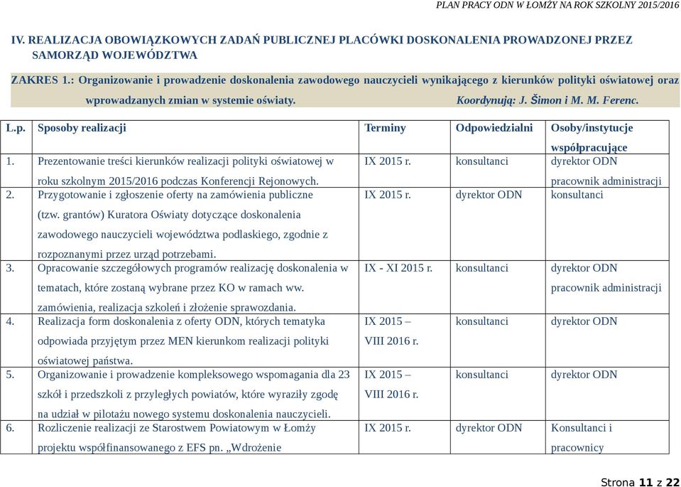 Prezentowanie treści kierunków realizacji polityki oświatowej w roku szkolnym 2015/2016 podczas Konferencji Rejonowych. 2. Przygotowanie i zgłoszenie oferty na zamówienia publiczne (tzw.