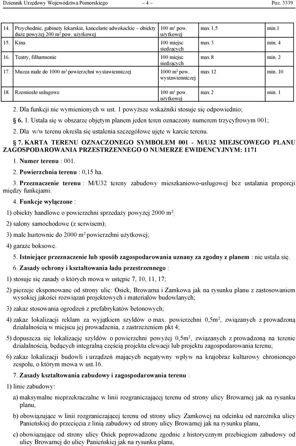 Rzemiosło usługowe 100 m² pow. max 2 min. 1 2. Dla funkcji nie wymienionych w ust. 1 powyższe wskaźniki stosuje się odpowiednio; 6. 1. Ustala się w obszarze objętym planem jeden teren oznaczony numerem trzycyfrowym 001; 2.