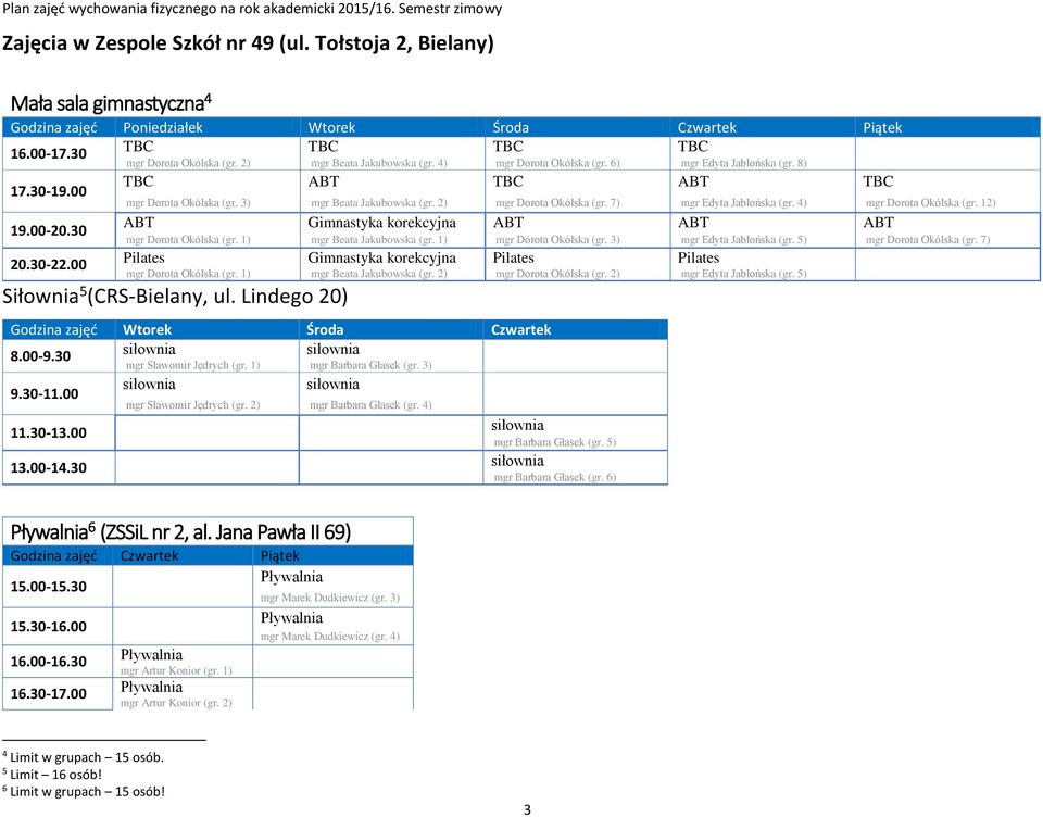 12) ABT Gimnastyka korekcyjna ABT ABT ABT mgr Dorota Okólska (gr. 1) mgr Beata Jakubowska (gr. 1) mgr Dorota Okólska (gr. 3) mgr Edyta Jabłońska (gr. 5) mgr Dorota Okólska (gr.