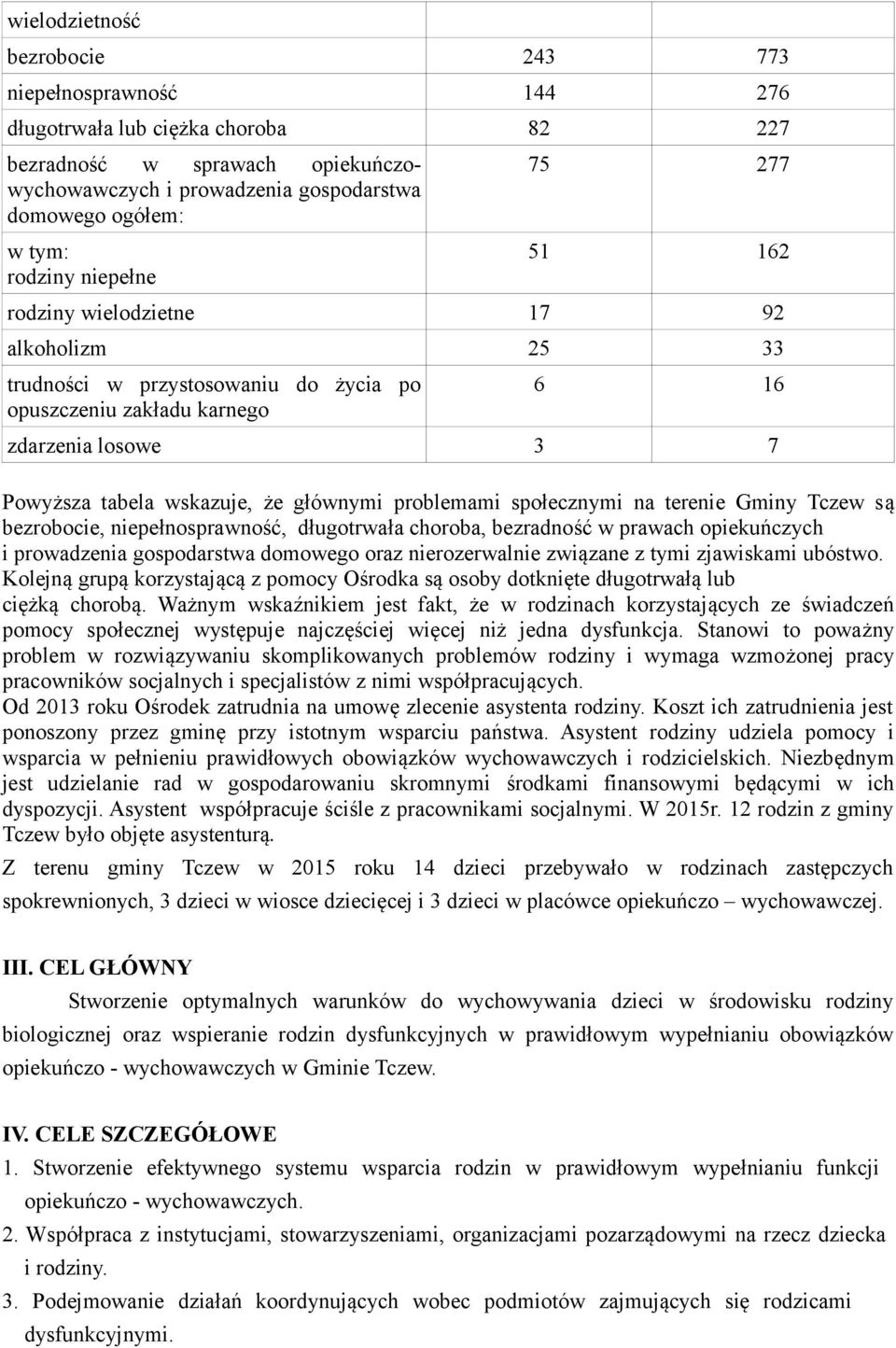 głównymi problemami społecznymi na terenie Gminy Tczew są bezrobocie, niepełnosprawność, długotrwała choroba, bezradność w prawach opiekuńczych i prowadzenia gospodarstwa domowego oraz nierozerwalnie
