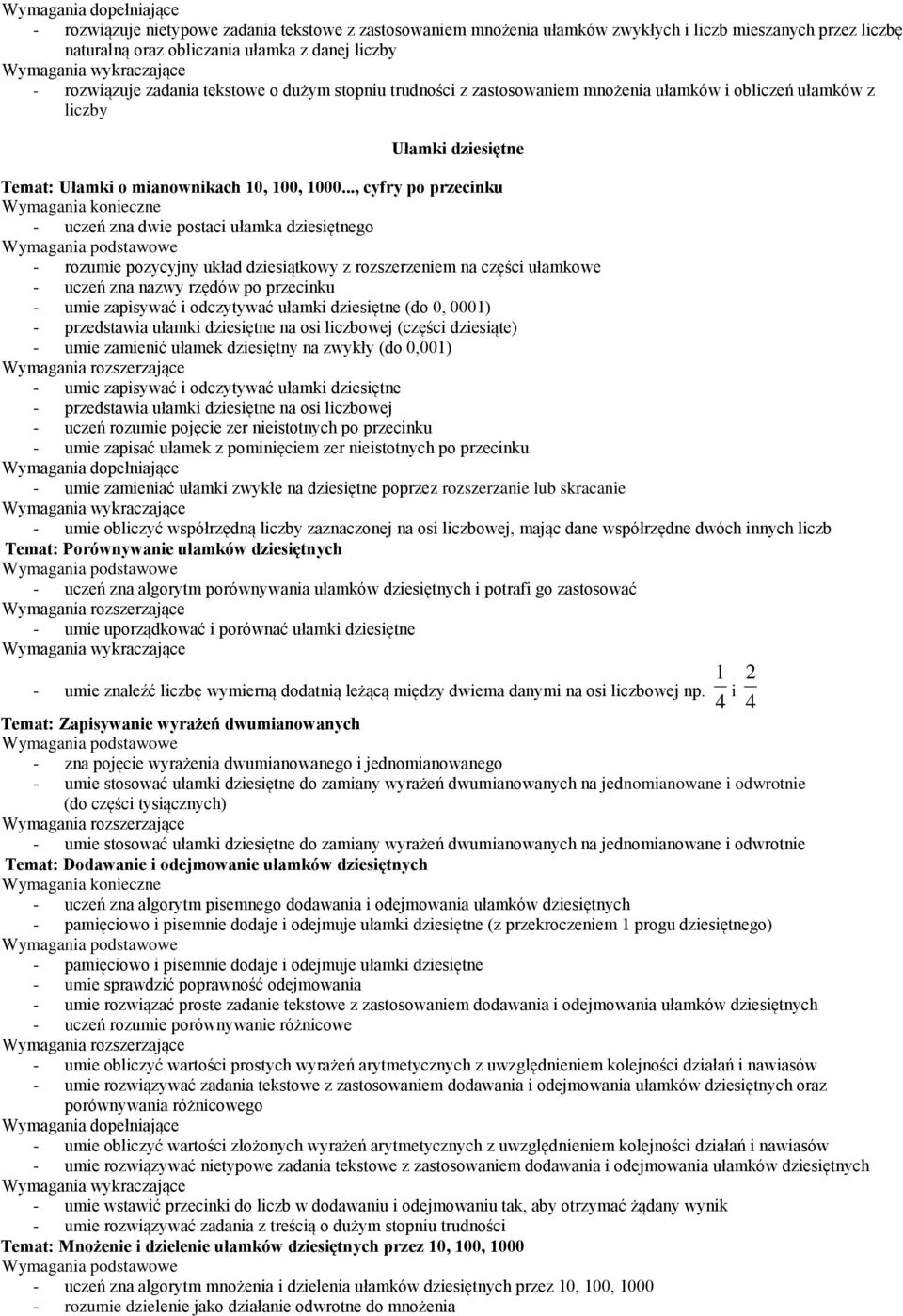 .., cyfry po przecinku - uczeń zna dwie postaci ułamka dziesiętnego - rozumie pozycyjny układ dziesiątkowy z rozszerzeniem na części ułamkowe - uczeń zna nazwy rzędów po przecinku - umie zapisywać i