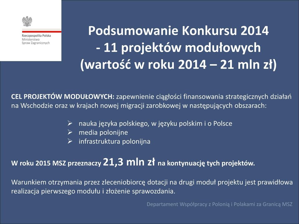 polskiego, w języku polskim i o Polsce media polonijne infrastruktura polonijna W roku 2015 MSZ przeznaczy 21,3 mln zł na kontynuację tych