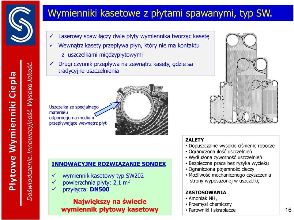 tradycyjne uszczelnienia Uszczelka ze specjalnego materiału odpornego na medium przepływające wewnątrz płyt INNOWACYJNE ROZWIĄZANIE SONDEX wymiennik kasetowy typ SW202 powierzchnia płyty: 2,1 m 2