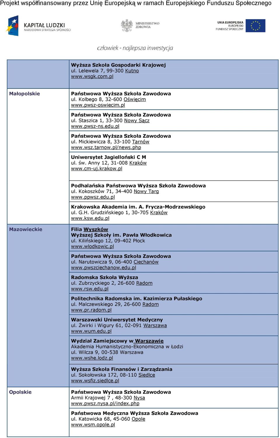 G.H. Grudzińskiego 1, 30-705 Kraków www.ksw.edu.pl Mazowieckie Filia Wyszków Wyższej Szkoły im. Pawła Włodkowica ul. Kilińskiego 12, 09-402 Płock www.wlodkowic.pl ul.