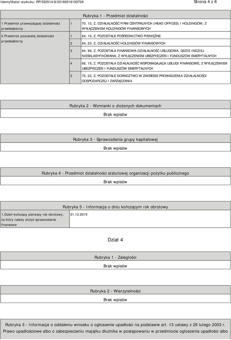 64, 20, Z, DZIAŁALNOŚĆ HOLDINGÓW FINANSOWYCH 3 64, 99, Z, POZOSTAŁA FINANSOWA DZIAŁALNOŚĆ USŁUGOWA, GDZIE INDZIEJ SKLASYFIKOWANA, Z WYŁĄCZEM UBEZPIECZEŃ I FUNDUSZÓW EMERYTALNYCH 4 66, 19, Z,