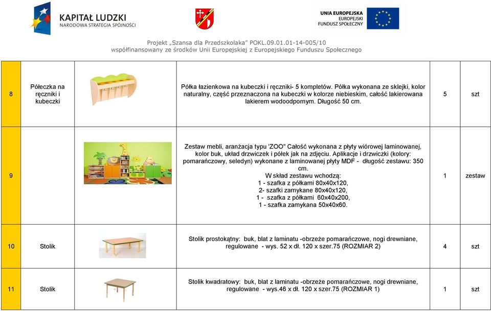 5 szt 9 Zestaw mebli, aranżacja typu 'ZOO" Całość wykonana z płyty wiórowej laminowanej, kolor buk, układ drzwiczek i półek jak na zdjęciu.