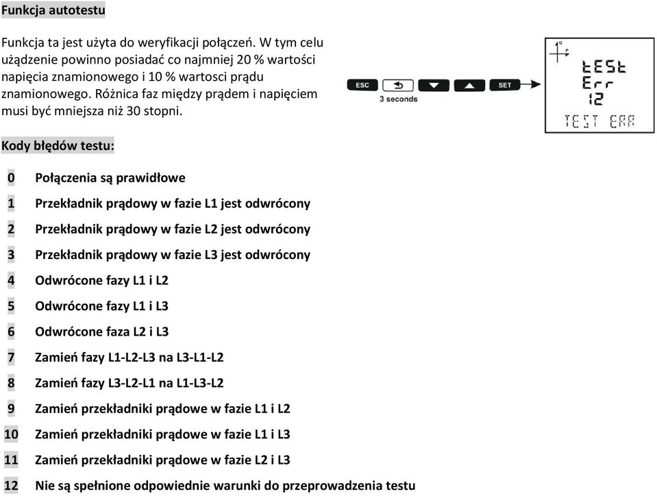 Kody błędów testu: 0 1 2 3 4 5 6 7 8 9 10 11 12 Połączenia są prawidłowe Przekładnik prądowy w fazie L1 jest odwrócony Przekładnik prądowy w fazie L2 jest odwrócony Przekładnik prądowy w fazie L3