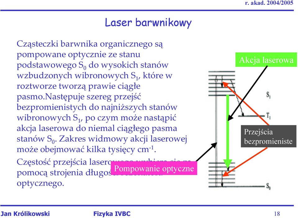 następuje szereg przejść bezpromienistych do najniższych stanów wibronowych S 1, po czym może nastąpić akcja laserowa do niemal ciągłego pasma stanów