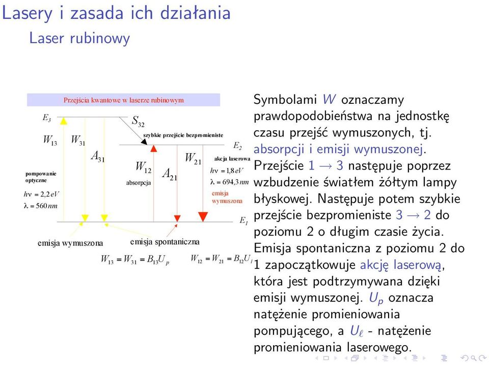 absorpcji i emisji wymuszonej. Przejście 1 3 następuje poprzez wzbudzenie światłem żółtym lampy błyskowej. Następuje potem szybkie przejście bezpromieniste 3 2 do poziomu 2 o długim czasie życia.