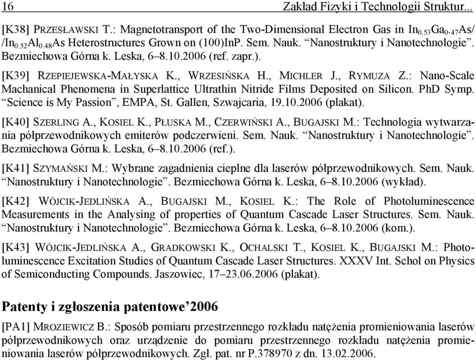 : Nano-Scale Machanical Phenomena in Superlattice Ultrathin Nitride Films Deposited on Silicon. PhD Symp. Science is My Passion, EMPA, St. Gallen, Szwajcaria, 19.10.2006 (plakat). [K40] SZERLING A.