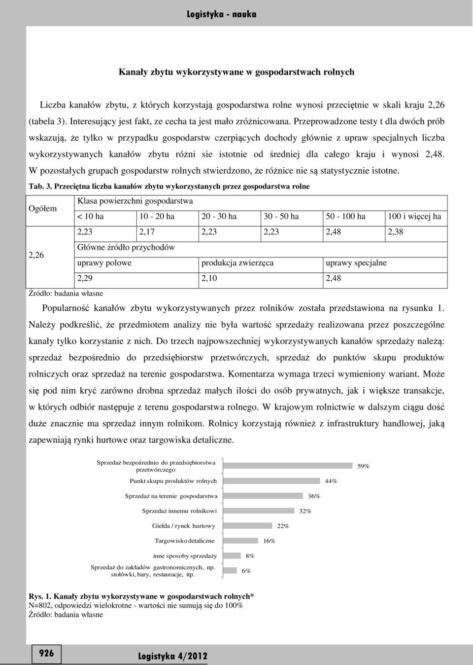 Przeprowadzone testy t dla dwóch prób wskazują, że tylko w przypadku gospodarstw czerpiących dochody głównie z upraw specjalnych liczba wykorzystywanych kanałów zbytu różni sie istotnie od średniej