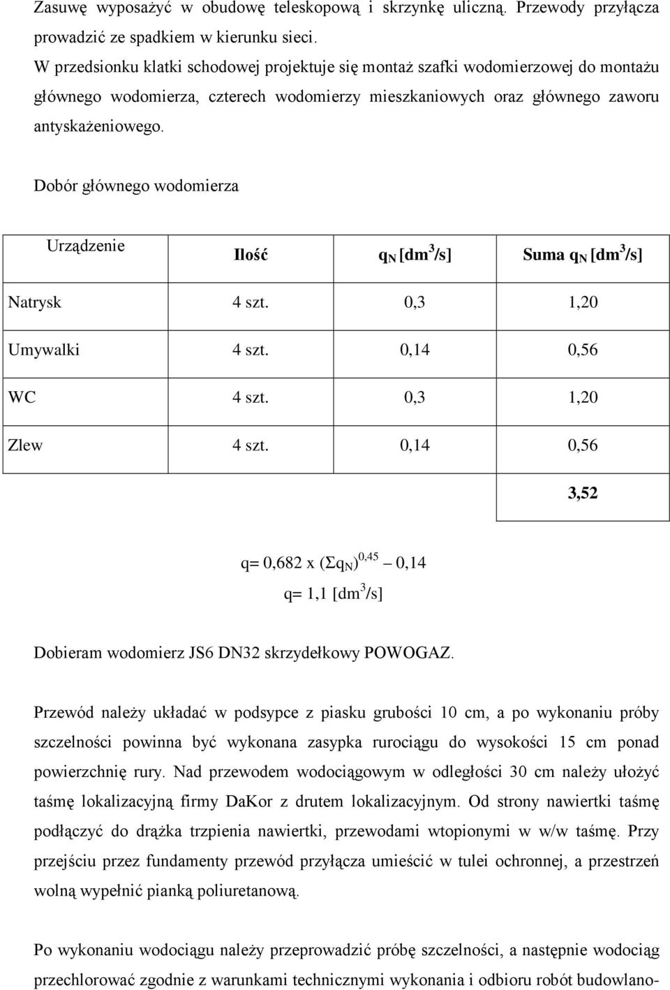 Dobór głównego wodomierza Urządzenie Ilość q N [dm 3 /s] Suma q N [dm 3 /s] Natrysk 4 szt. 0,3 1,20 Umywalki 4 szt. 0,14 0,56 WC 4 szt. 0,3 1,20 Zlew 4 szt.