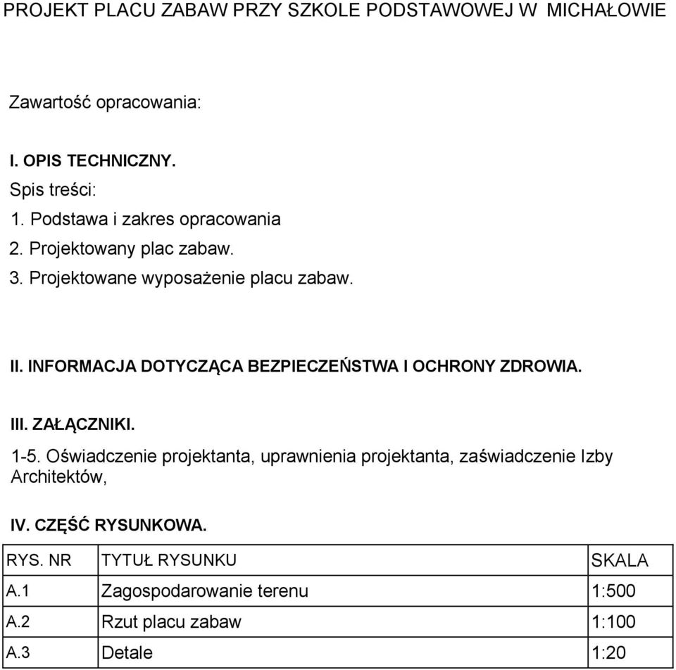 INFORMACJA DOTYCZĄCA BEZPIECZEŃSTWA l OCHRONY ZDROWIA. III. ZAŁĄCZNIKI. 1-5.