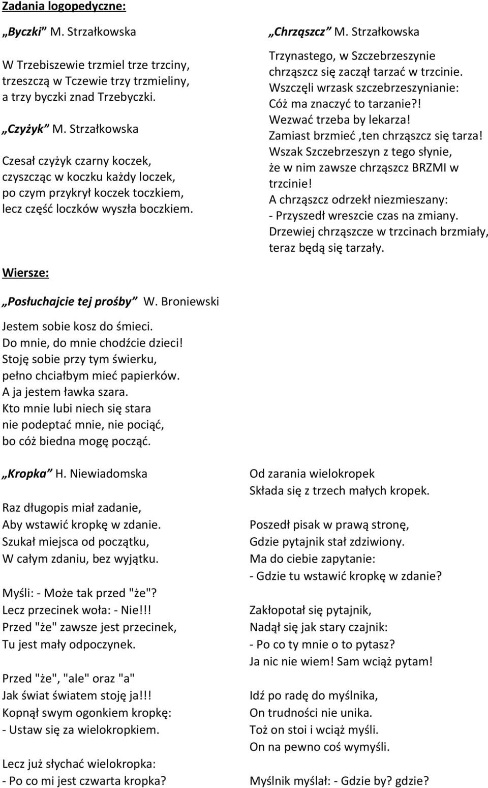 Strzałkowska Trzynastego, w Szczebrzeszynie chrząszcz się zaczął tarzać w trzcinie. Wszczęli wrzask szczebrzeszynianie: Cóż ma znaczyć to tarzanie?! Wezwać trzeba by lekarza!