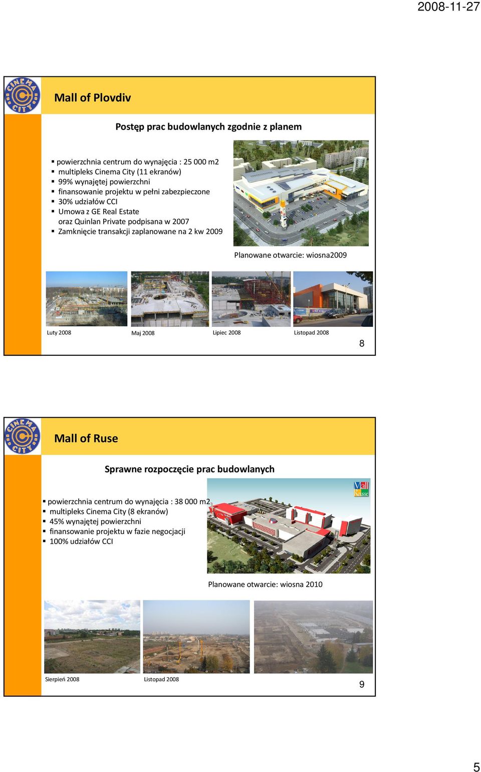 Planowane otwarcie: wiosna2009 Luty 2008 Maj 2008 Lipiec 2008 Listopad 2008 8 Mall of Ruse Sprawne rozpoczęcie prac budowlanych powierzchnia centrumdo wynajęcia : 38 000
