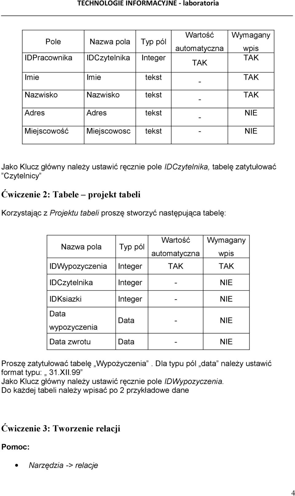 pola Typ pól Wartość automatyczna Wymagany wpis IDWypozyczenia Integer IDCzytelnika Integer - NIE IDKsiazki Integer - NIE Data wypozyczenia Data - NIE Data zwrotu Data - NIE Proszę zatytułować tabelę