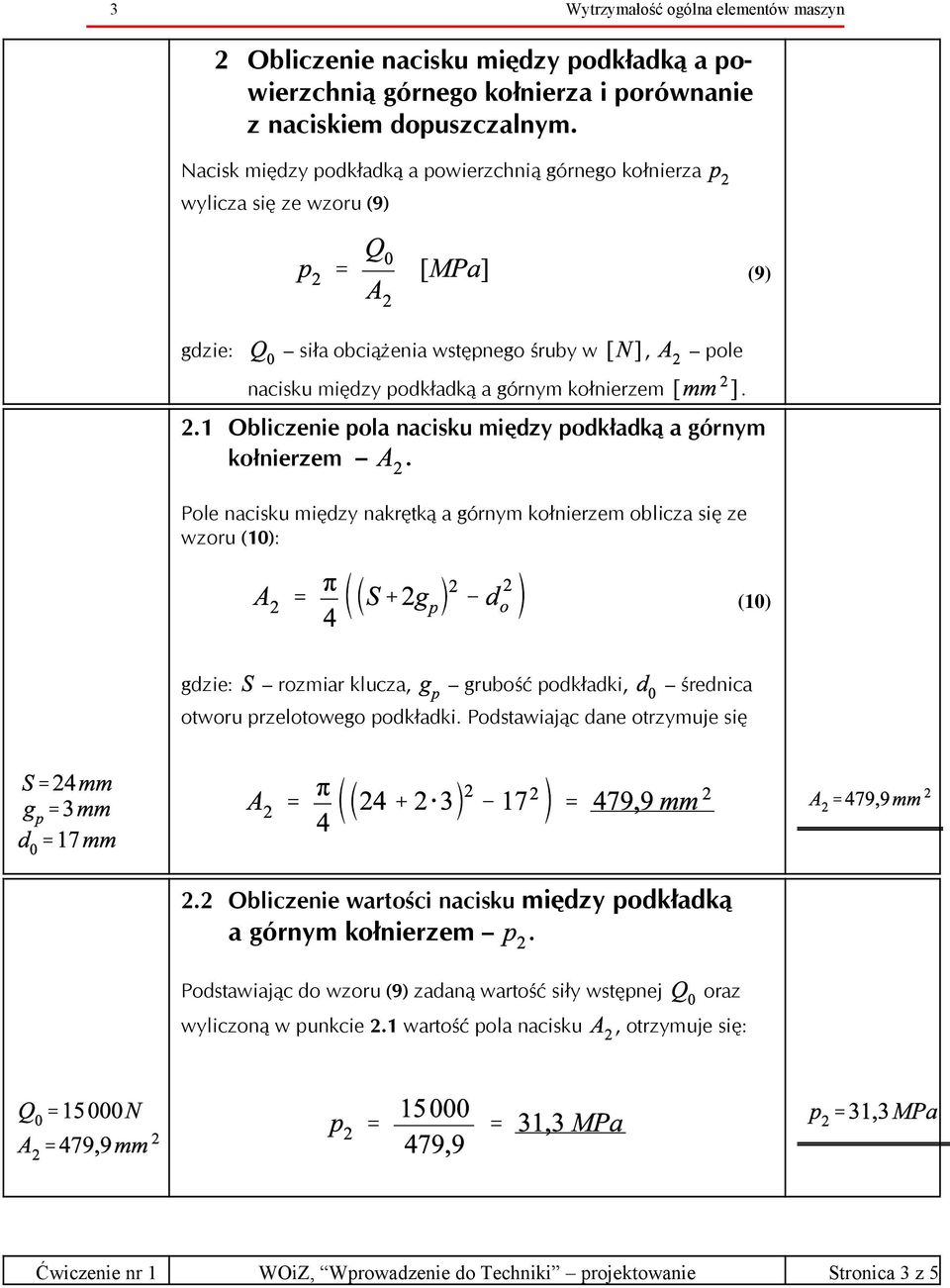 1 Obliczenie pola nacisku między podkładką a górnym kołnierzem.