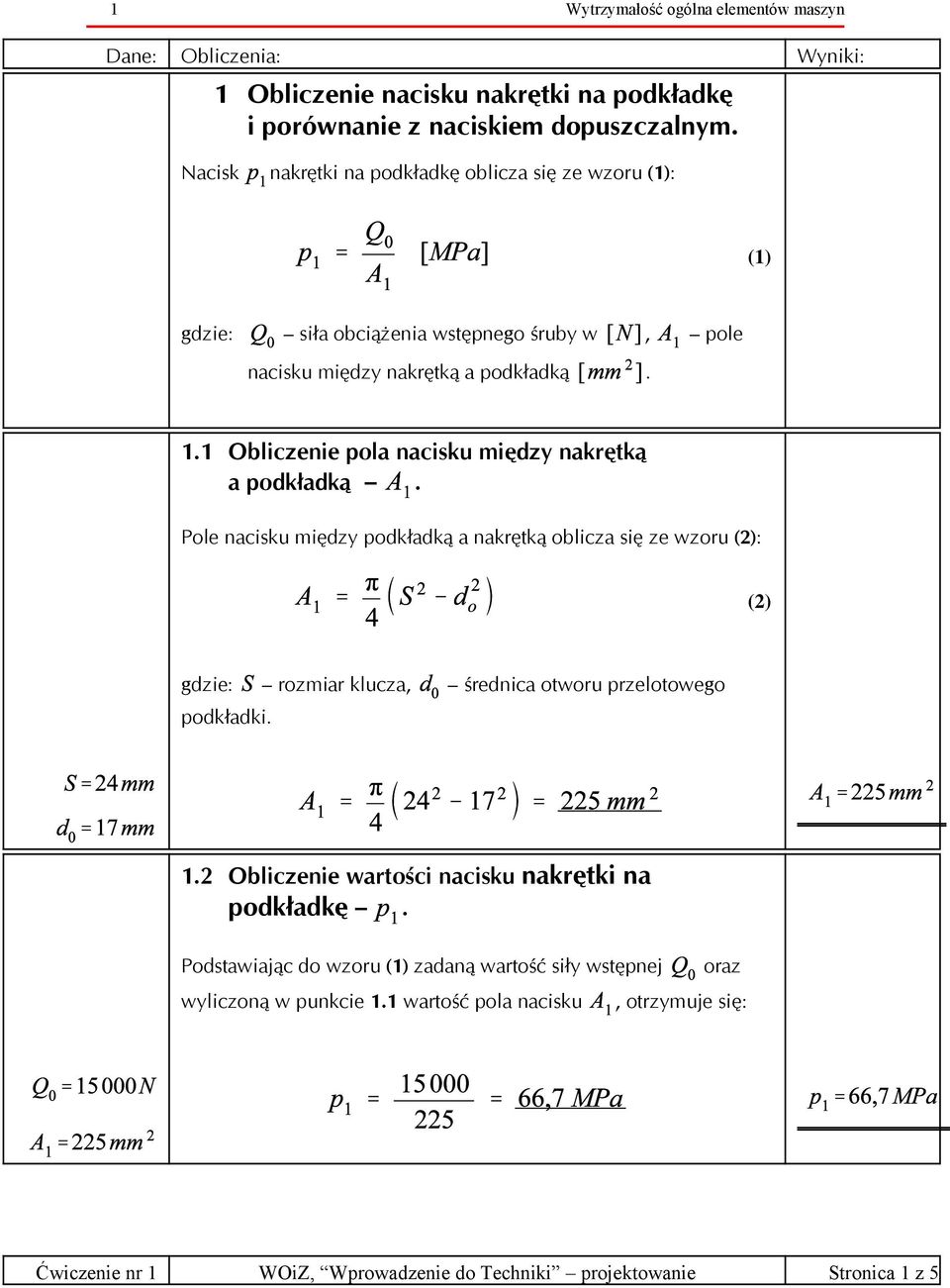 1 Obliczenie pola nacisku między nakrętką a podkładką.