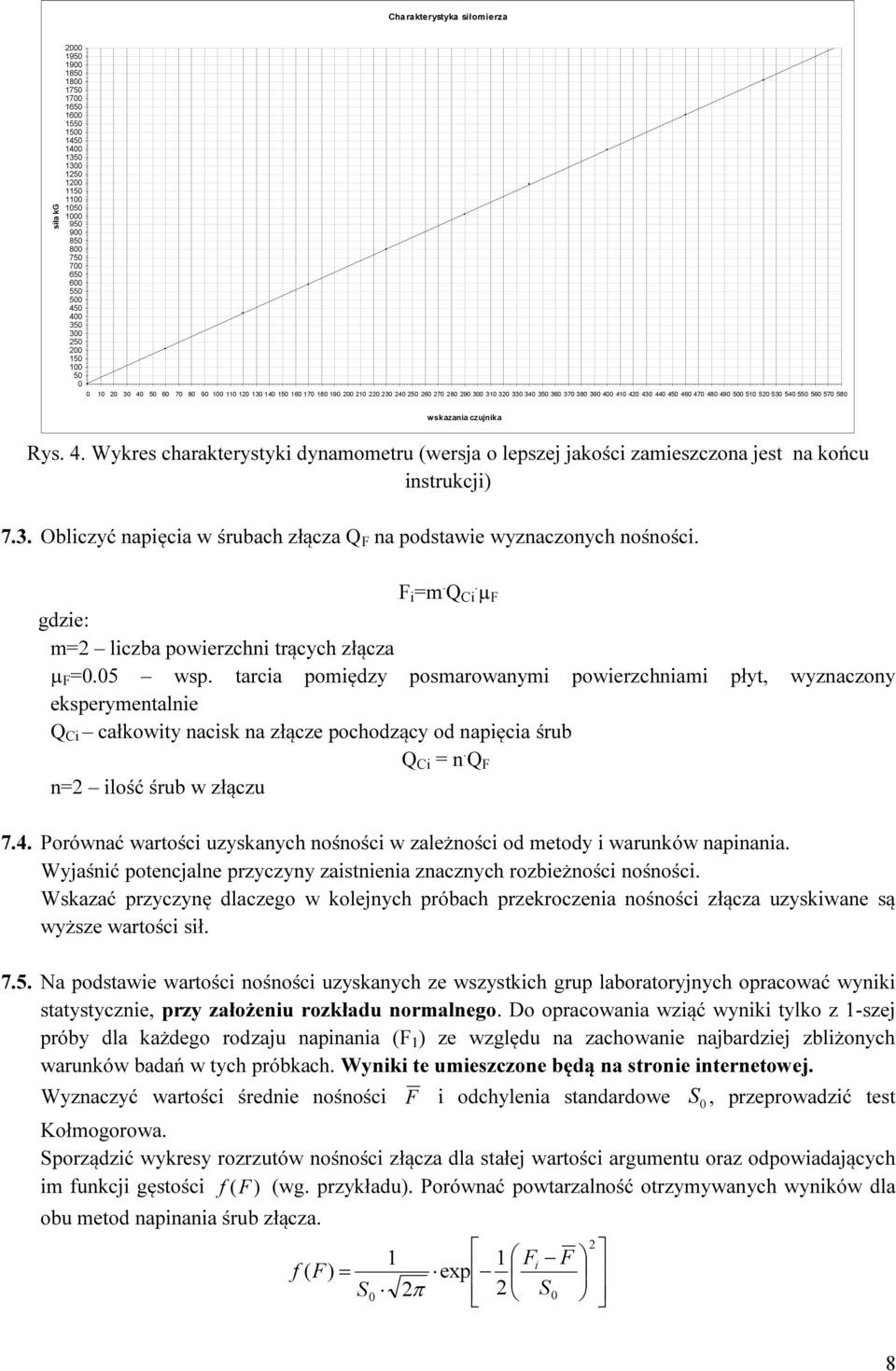 480 490 500 510 520 530 540 550 560 570 580 wskazania czujnika Rys. 4. Wykres charakterystyki dynamometru (wersja o lepszej jakości zamieszczona jest na końcu instrukcji) 7.3. Obliczyć napięcia w śrubach złącza Q F na podstawie wyznaczonych nośności.