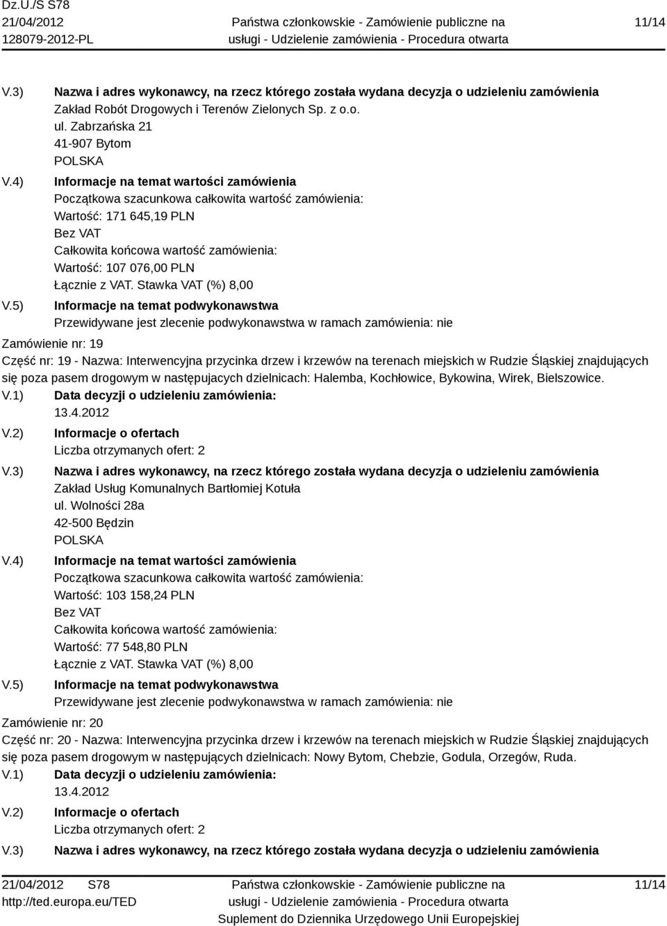 Rudzie Śląskiej znajdujących się poza pasem drogowym w następujacych dzielnicach: Halemba, Kochłowice, Bykowina, Wirek, Bielszowice. Zakład Usług Komunalnych Bartłomiej Kotuła ul.