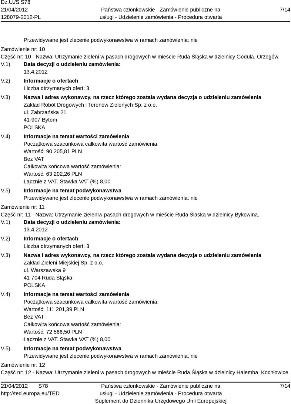 Zabrzańska 21 41-907 Bytom Wartość: 90 205,81 PLN Wartość: 63 202,26 PLN Zamówienie nr: 11 Część nr: 11 - Nazwa: Utrzymanie zieleniw pasach drogowych w mieście Ruda Ślaska w