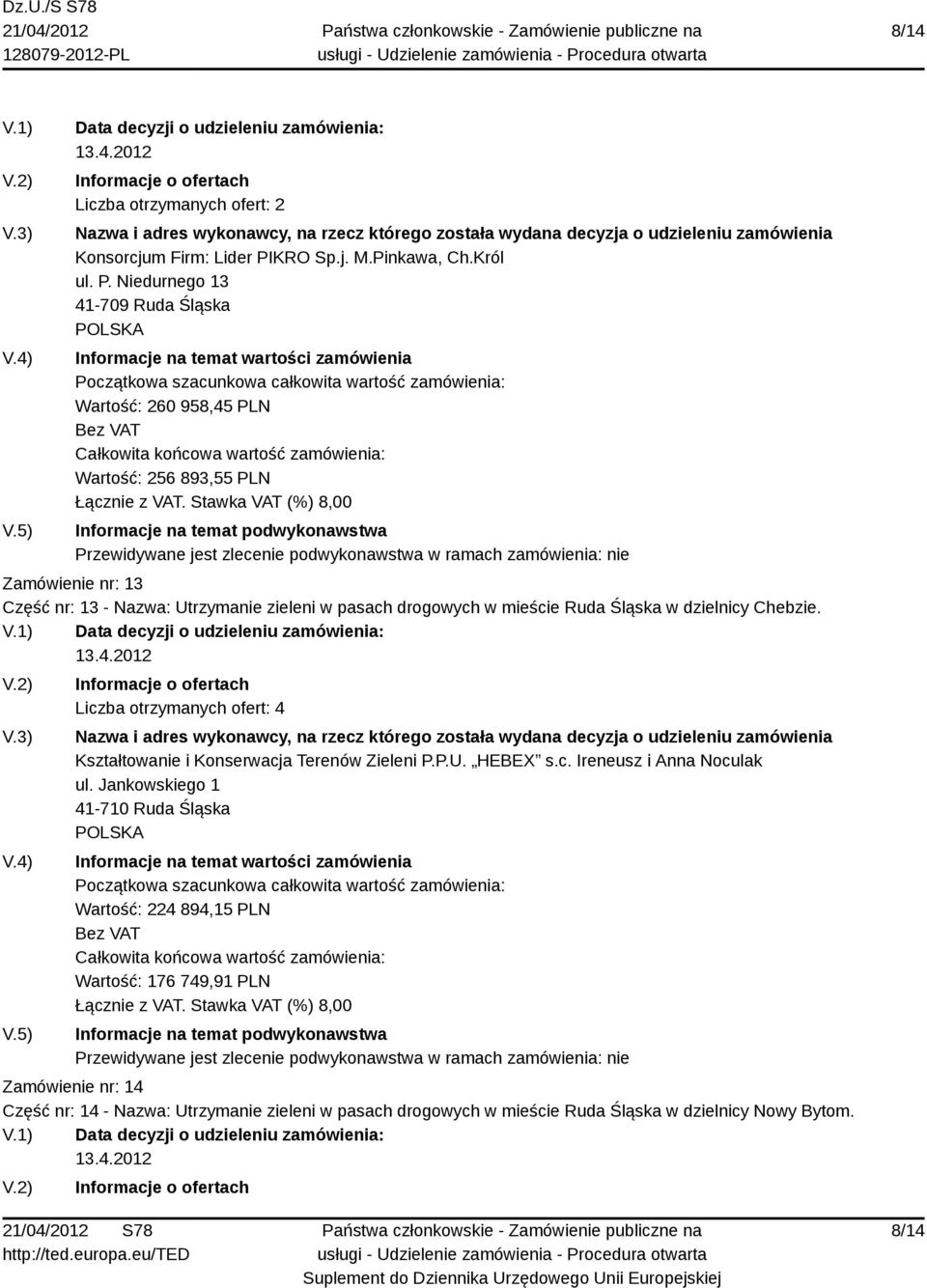 Niedurnego 13 41-709 Ruda Śląska Wartość: 260 958,45 PLN Wartość: 256 893,55 PLN Zamówienie nr: 13 Część nr: 13 - Nazwa: Utrzymanie zieleni w pasach drogowych