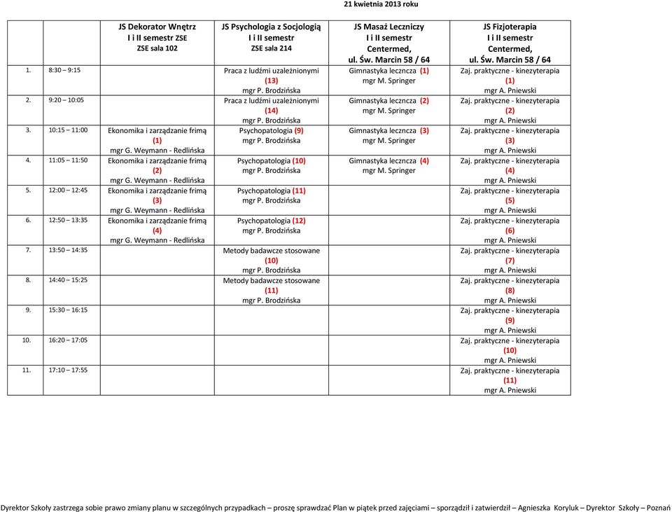 12:50 13:35 Ekonomika i zarządzanie frimą (4) mgr G. Weymann - Redlińska Psychopatologia (9) Psychopatologia (10) Psychopatologia (11) Psychopatologia (12) 7.