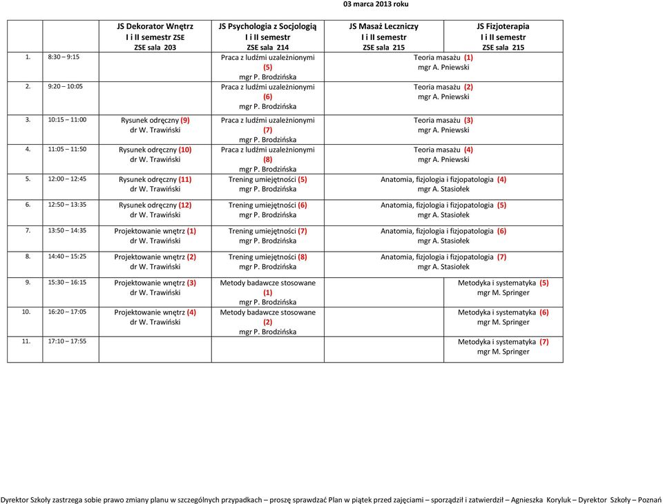 12:00 12:45 Rysunek odręczny (11) Praca z ludźmi uzależnionymi (7) Praca z ludźmi uzależnionymi (8) Trening umiejętności (5) ZSE sala 215 Teoria masażu (1) Teoria masażu (2) Teoria masażu (3) Teoria