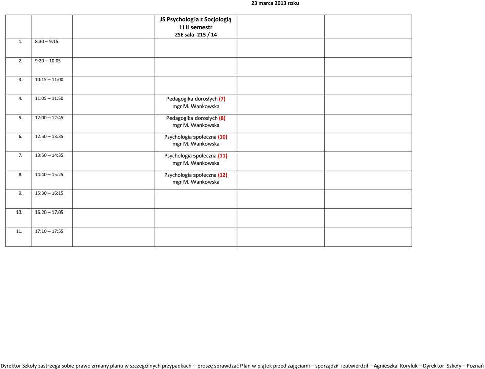 12:50 13:35 Psychologia społeczna (10) 7. 13:50 14:35 Psychologia społeczna (11) 8.