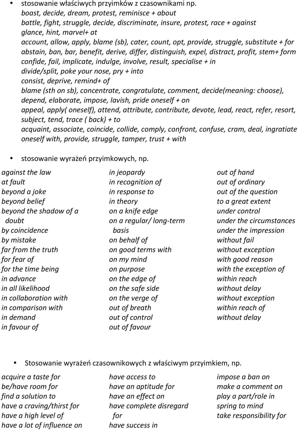 count, opt, provide, struggle, substitute + for abstain, ban, bar, benefit, derive, differ, distinguish, expel, distract, profit, stem+ form confide, fail, implicate, indulge, involve, result,