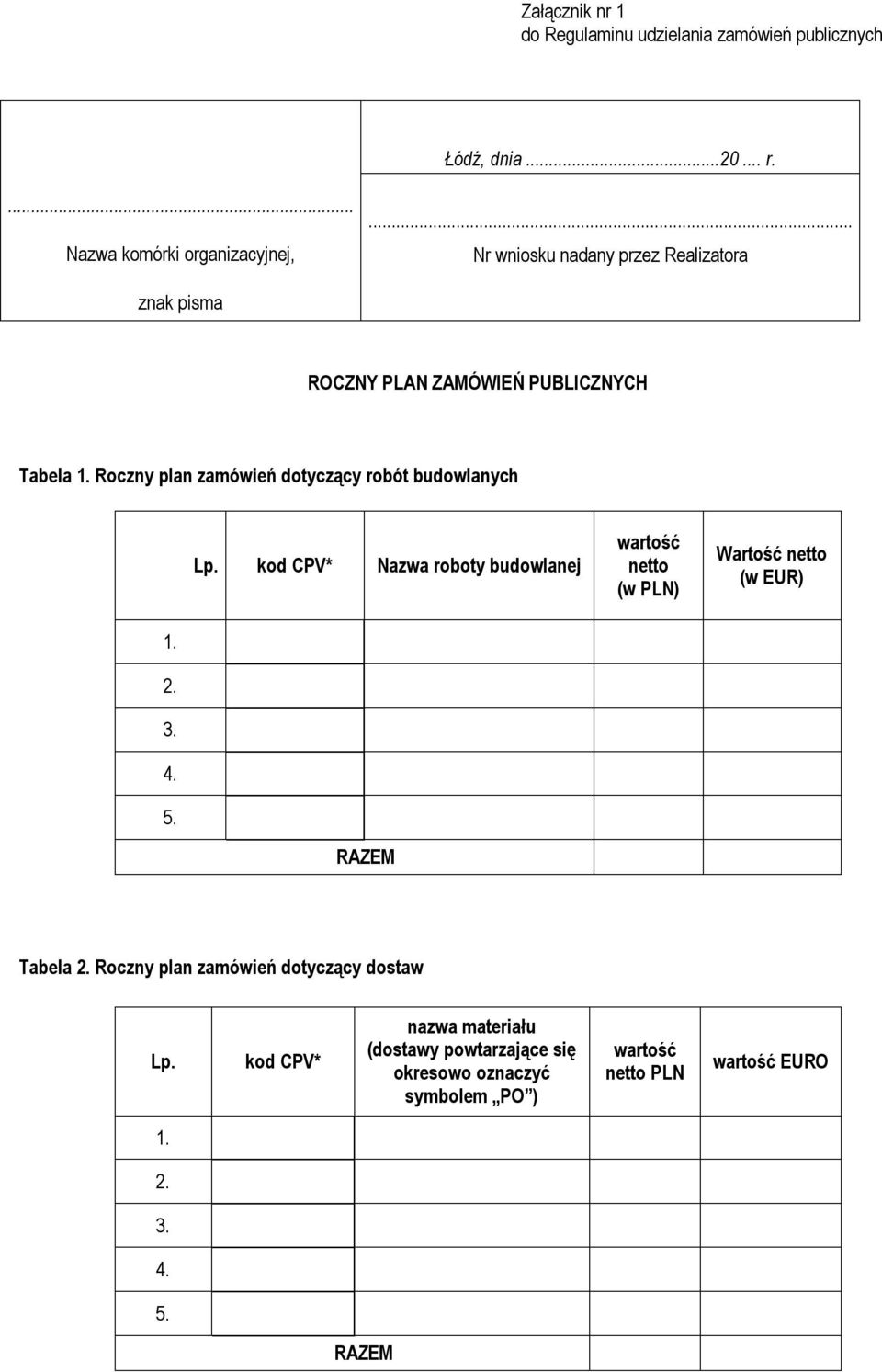 Roczny plan zamówień dotyczący robót budowlanych Lp. kod CPV* Nazwa roboty budowlanej wartość netto (w PLN) Wartość netto (w EUR) 1. 2.
